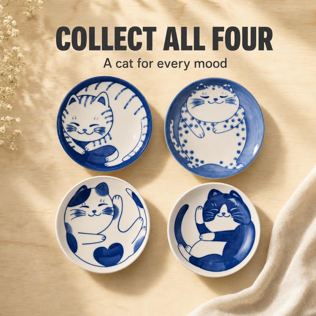 Japanese Cat Ceramic Dish — Hand-Painted Trinket & Snack Plate for Cat Lovers