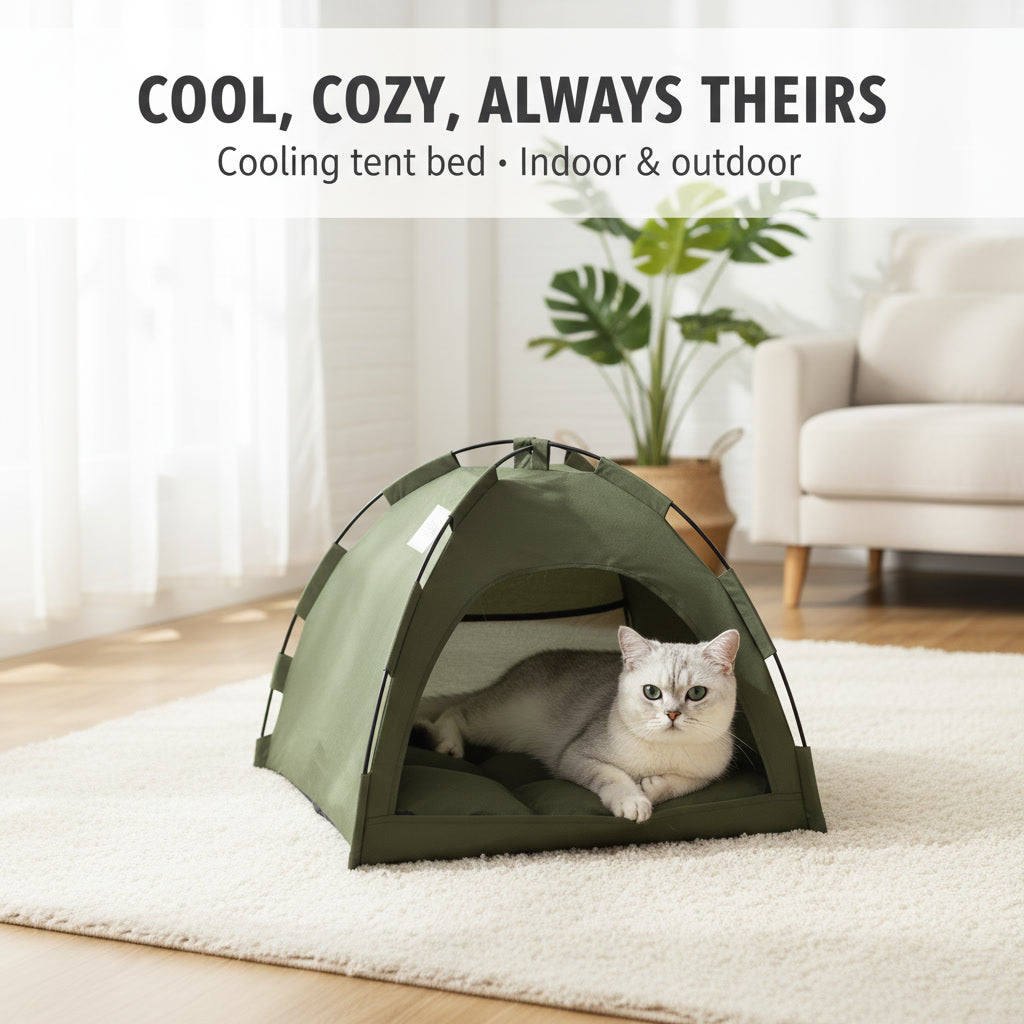 Cool Cat Camping Tent — Breathable Bed with Cooling Mat + Free Grooming Brush
