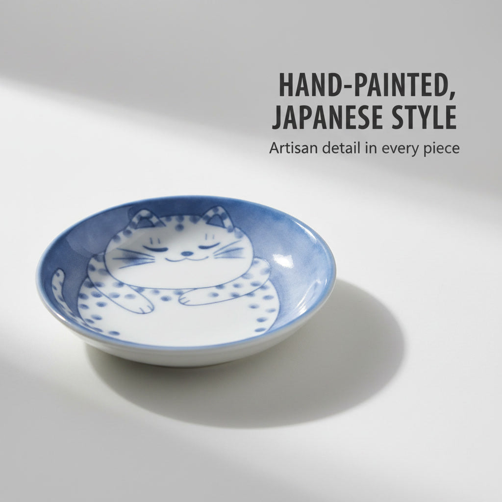 Japanese Cat Ceramic Dish — Hand-Painted Trinket & Snack Plate for Cat Lovers