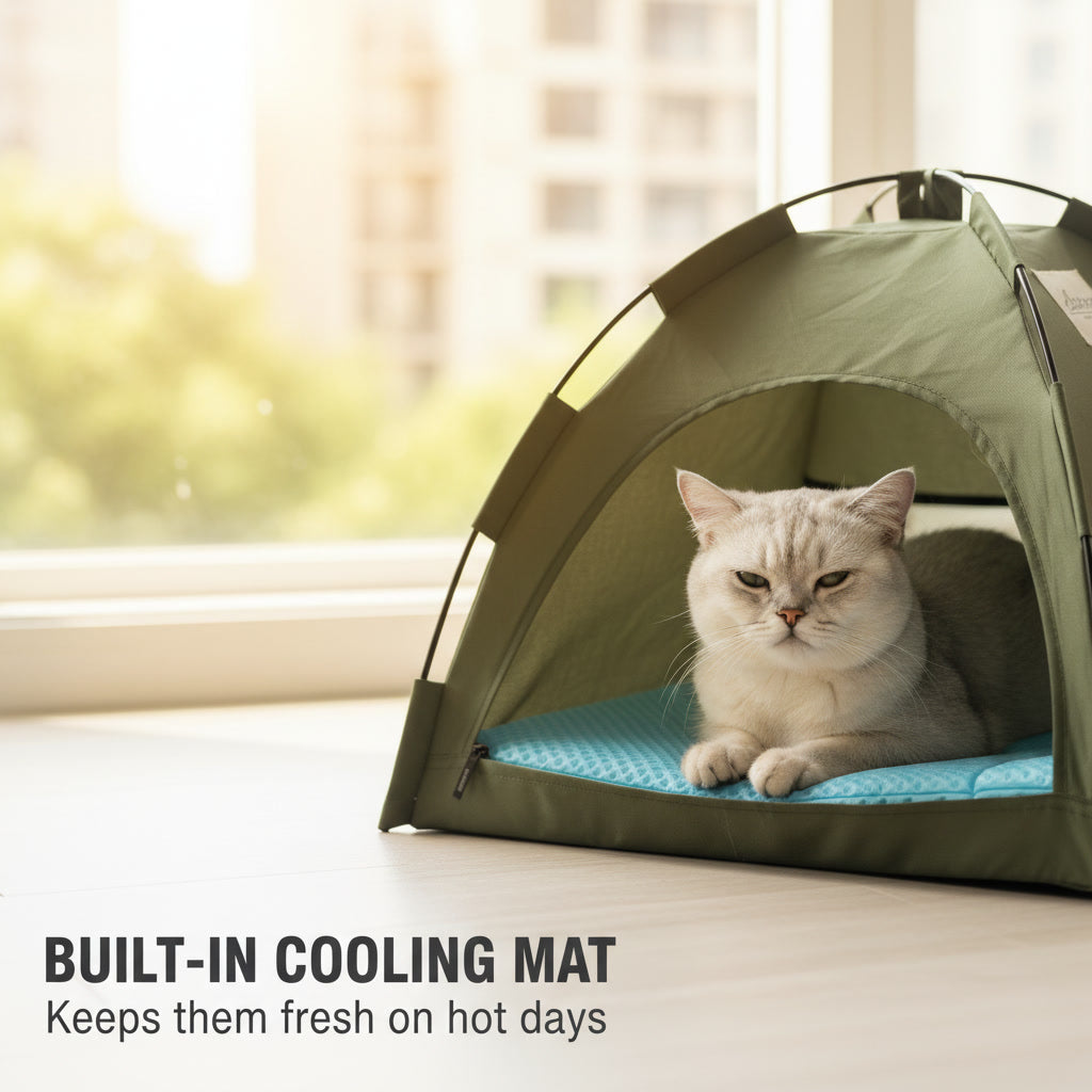 Cool Cat Camping Tent — Breathable Bed with Cooling Mat + Free Grooming Brush