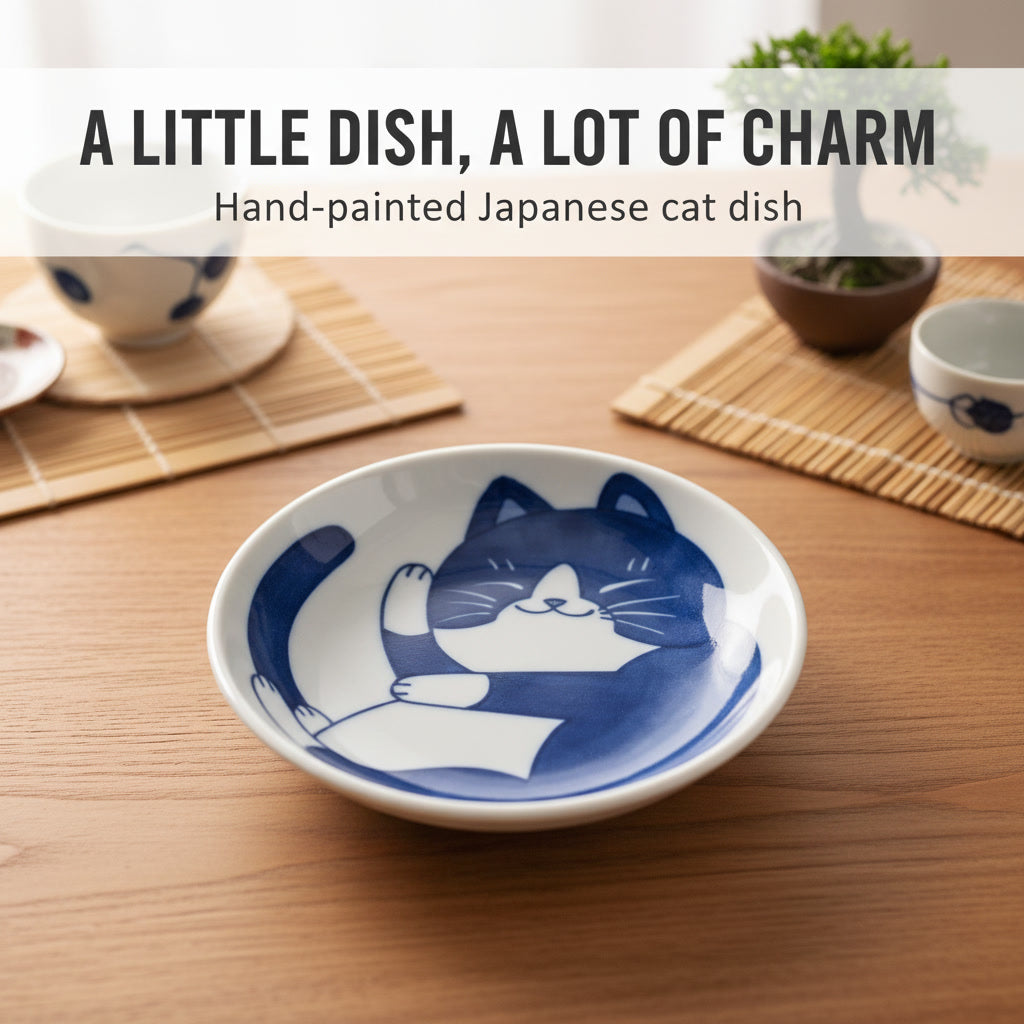 Japanese Cat Ceramic Dish — Hand-Painted Trinket & Snack Plate for Cat Lovers