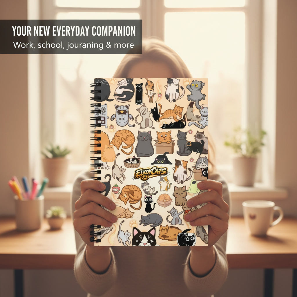 ElkoyCats Spiral Notebook — Cute Cat Pattern, 118 Ruled Pages