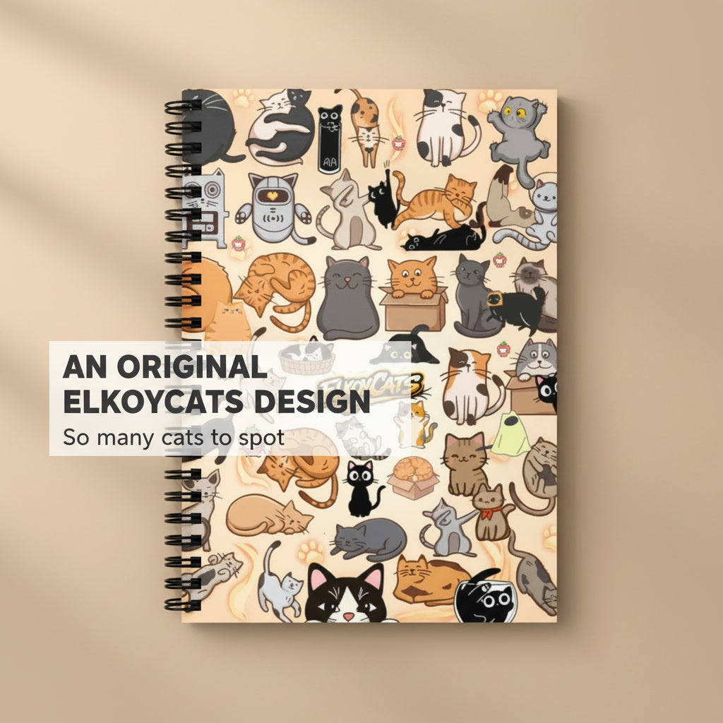 ElkoyCats Spiral Notebook — Cute Cat Pattern, 118 Ruled Pages