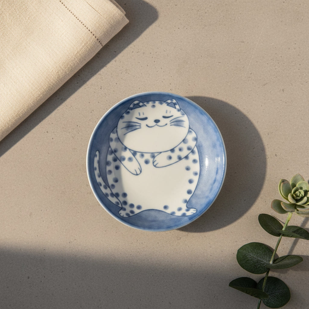 Japanese Cat Ceramic Dish — Hand-Painted Trinket & Snack Plate for Cat Lovers